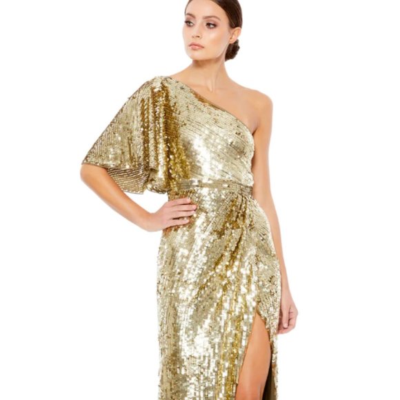 MAC DUGGAL 93540 ONE SHOULDER SEQUIN COLUMN GOLD GOWN sz 12 - Picture 1 of 6